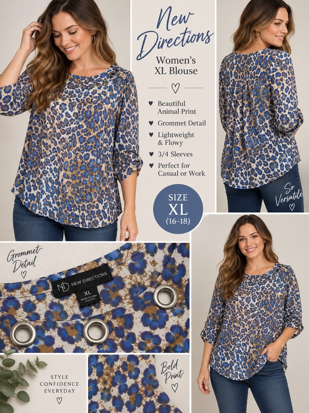 New directions Women's XL blue animal print blouse #32